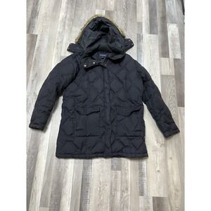Lands' End Down Jacket Womens 1X Faux Fur Hooded Coat Parka Black Full Zip‎